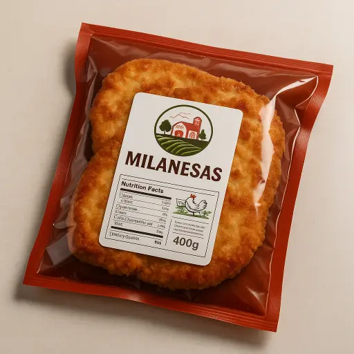 Empaque al vacío de milanesa de pollo, ideal para conservar la calidad y frescura del producto durante su almacenamiento
